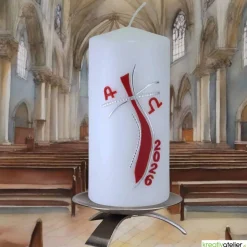 Pfad des Lichts – Moderne christliche Osterkerze mit geschwungenem Kreuz & Silberverzierung