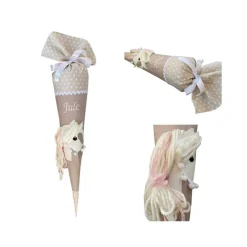 Pferde Schultüte in beige, Zuckertüte mit Pferd, mit Namen bestickt, Schultüte Stoff für Mädchen, passend für 70 cm Papp