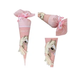 Pferde Schultüte in rosa, Zuckertüte mit Pferd, mit Namen bestickt, Schultüte Stoff für Mädchen, passend für 70 cm Papp