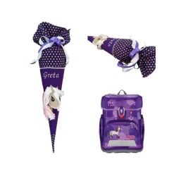 Pferde Schultüte lila, Zuckertüte mit Namen bestickt, Mädchen Schultüte mit Pferd