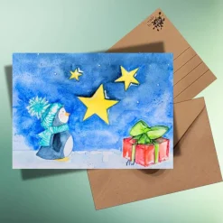 Pinguin & Geschenk – Herzerwärmende Weihnachtskarte auf Kraftpapier, handillustriert