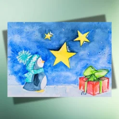 Pinguin & Geschenk – Herzerwärmende Weihnachtskarte auf Kraftpapier, handillustriert