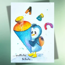 Pinguin Einschulung Postkarte – Fröhliche Grußkarte mit Schultüte & ABC für Schulanfänger