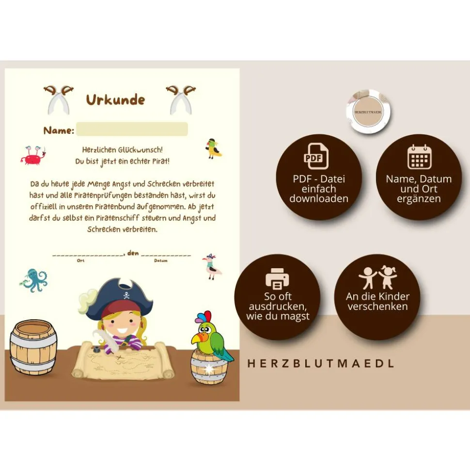 Piraten Geburtstag Ideen - Mitgebsel für die ultimative Piratenparty - Urkunde in DIN A4 als digitale Datei