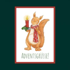 Postkarte: Adventsgrüße, Adventskarte, Weihnachtskarte, Eichhörnchen · A6 · Aquarell, Buntstift, klimaneutraler Druck