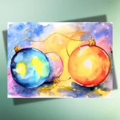 Postkarte „Magische Weihnachtskugeln“ – bunte Weihnachtskarte auf Kraftpapier