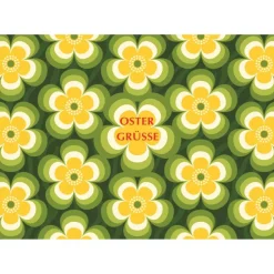 Postkarte Ostergrüße, mit Retro Butterblumen in Gelb und Grüntönen