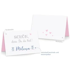 Premium Tischkarten Schön dass Du da Bist mit Herz in rosa - Platzkarten zum selbst Beschriften - Namenskarten Hochzeit, Geburtstag, Konfirmation, Kommunion