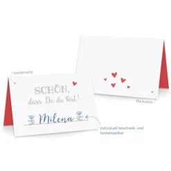 Premium Tischkarten Schön dass Du da Bist mit Herz in rot - Platzkarten zum selbst Beschriften - Namenskarten Hochzeit, Geburtstag, Konfirmation, Kommunion