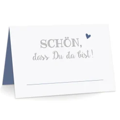 Premium Tischkarten Schön dass Du da Bist mit Herz in blau - Platzkarten zum selbst Beschriften - Namenskarten Hochzeit, Geburtstag, Konfirmation, Kommunion