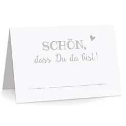 Premium Tischkarten Schön dass Du da Bist mit Herz in grau - Platzkarten zum selbst Beschriften - Namenskarten Hochzeit, Geburtstag, Konfirmation, Kommunion