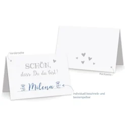 Premium Tischkarten Schön dass Du da Bist mit Herz in grau - Platzkarten zum selbst Beschriften - Namenskarten Hochzeit, Geburtstag, Konfirmation, Kommunion
