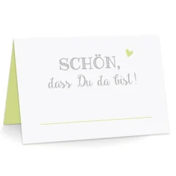 Premium Tischkarten Schön dass Du da Bist mit Herz in hellgrün - Platzkarten zum selbst Beschriften - Namenskarten Hochzeit, Geburtstag, Konfirmation, Kommunion