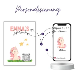 QR-Code Sparbuch Einhorn | Märchenhaftes Geldgeschenk für Mädchen | DIY Last-Minute Download | PNG zum Ausdrucken