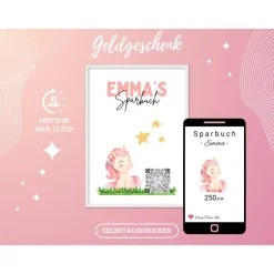 QR-Code Sparbuch Einhorn | Märchenhaftes Geldgeschenk für Mädchen | DIY Last-Minute Download | PNG zum Ausdrucken