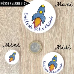 Rakete Endlich Schulkind Button in 3x Größen nach Wahl