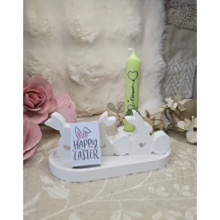 Raysin Osterdeko Set: 3 Häschen mit Tablett & Kerze – Handgefertigte Frühlingsdeko für dein Zuhause