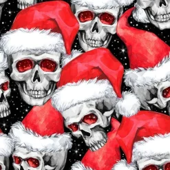 Rest 0,96m Baumwollstoff Weihnachtsstoff Totenkopf Skulls Nikolausmütze schwarz rot weiß – Öko-Tex