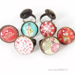 Ring verstellbar bronzefarben, Glas Cabochon mit Motiv Winter Schneemann, Zuckerstange, Weihnachtsring, BuntMixxDESIGN