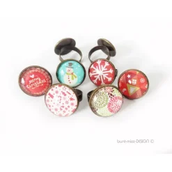 Ring verstellbar bronzefarben, Glas Cabochon mit Motiv Winter Schneemann, Zuckerstange, Weihnachtsring, BuntMixxDESIGN