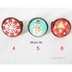 Ring verstellbar bronzefarben, Glas Cabochon mit Motiv Winter Schneemann, Zuckerstange, Weihnachtsring, BuntMixxDESIGN