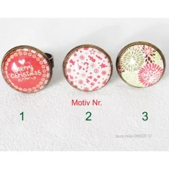 Ring verstellbar bronzefarben, Glas Cabochon mit Motiv Winter Schneemann, Zuckerstange, Weihnachtsring, BuntMixxDESIGN