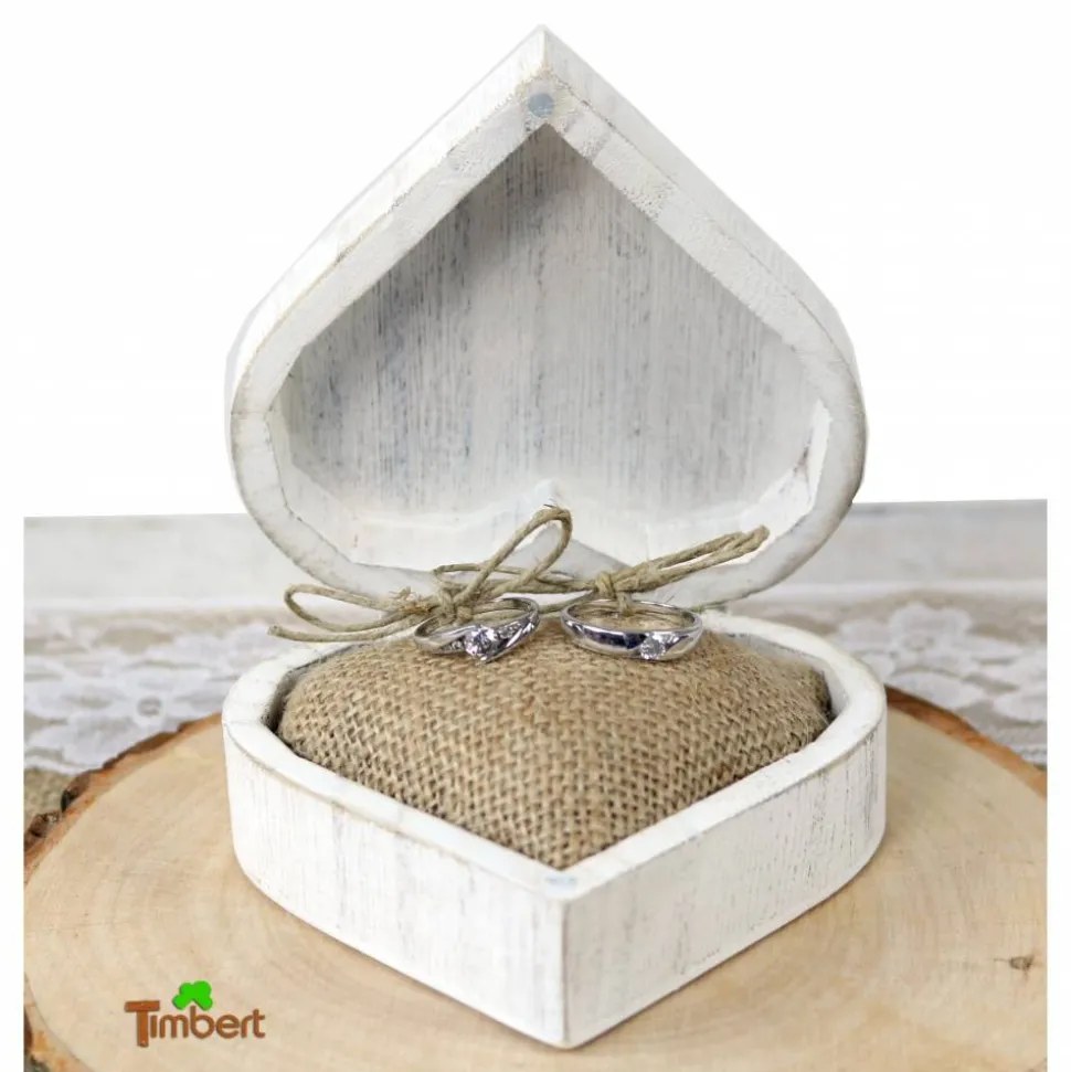 RINGBOX aus HOLZ Vintage Herz Ringkissen Shabby Chic Weiß + GRAVUR Rustikale Hochzeit Ringkästchen für Eheringe Ringschatulle Personalisiert