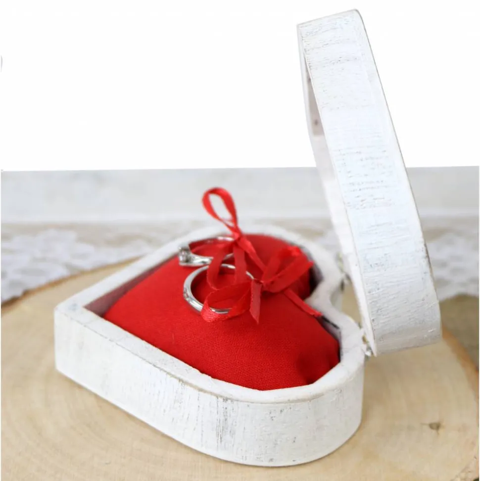 RINGBOX aus HOLZ Vintage Herz Ringkissen Shabby Chic Weiß + GRAVUR Rustikale Hochzeit Ringkästchen für Eheringe Ringschatulle Personalisiert