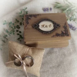 Ringdose hellbraun gold mit Ringkissen personalisierbar mit Monogramm Datum Ringbox Hochzeit Ringkästchen Ringträger