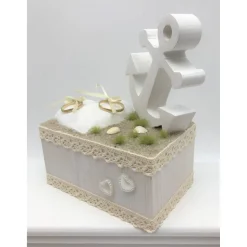 Ringkissen, maritim, komplett aus Holz, weiß/creme mit Anker