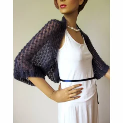 Ärmelbolero aus Kid-Mohair in Dunkelblau, gestrickter Shrug Halbarm, festliches Jäckchen für Damen, Trachtenhochzeit