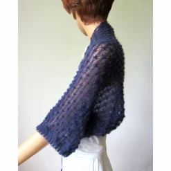 Ärmelbolero aus Kid-Mohair in Dunkelblau, gestrickter Shrug Halbarm, festliches Jäckchen für Damen, Trachtenhochzeit