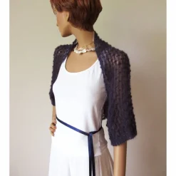 Ärmelbolero aus Kid-Mohair in Dunkelblau, gestrickter Shrug Halbarm, festliches Jäckchen für Damen, Trachtenhochzeit
