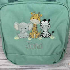 Roll Top Rucksack mit Safari Tieren und Namen bestickt I Kindergartentasche personalisiert I Tasche für Kinder