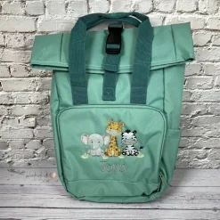 Roll Top Rucksack mit Safari Tieren und Namen bestickt I Kindergartentasche personalisiert I Tasche für Kinder