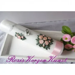 Romantische HOCHZEITSKERZE  mit Rosenbouquet und Satinband