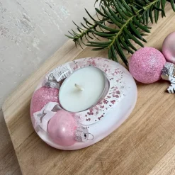 Rosa Teelichthalter aus Epoxidharz mit Weihnachtskugeln, Stern & Schneeflocke – weihnachtliche Tischdeko