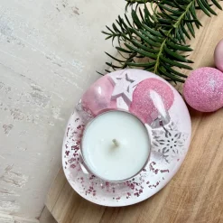 Rosa Teelichthalter aus Epoxidharz mit Weihnachtskugeln, Stern & Schneeflocke – weihnachtliche Tischdeko