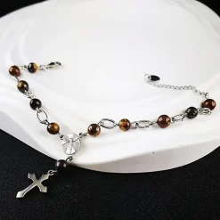 Rosenkranz-Armband aus Edelstahl mit Tigeraugeperlen – Spiritualität & Stil vereint