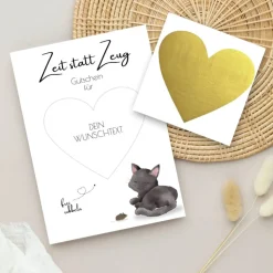 Rubbelgutschein Rubbelkarte "Zeit statt Zeug" | Wunschtext mit Katzenmotiv und Rubbelherz