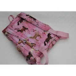 Rucksack Pferdefreunde, Kindergartenrucksack, rosagrundig, Pferdemotiv mit Tasche, Softshell ca. 27x30cm
