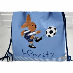 Rucksack/Beutel blau mit Hase, Fußball und Wunschname