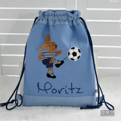Rucksack/Beutel blau mit Hase, Fußball und Wunschname