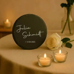 Runde Schiefertafel als Gedenkstein oder Grabstein | wetterfest und handgemacht | Gravur von Namen und Datum