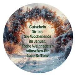 rundes Puzzle mit Wunschtext im Motiv weihnachtliche Winterlandschaft - 46 Teile