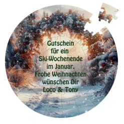 rundes Puzzle mit Wunschtext im Motiv weihnachtliche Winterlandschaft - 46 Teile