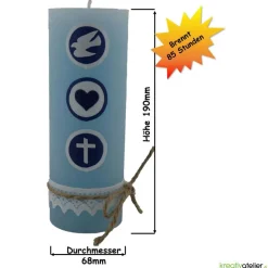 Rustic Geburtskerze personalisierbar hellblau mit Taube, Herz und Kachel und Klöppelspitze, Geschenk Geburt Jungen
