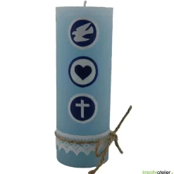 Rustic Geburtskerze personalisierbar hellblau mit Taube, Herz und Kachel und Klöppelspitze, Geschenk Geburt Jungen