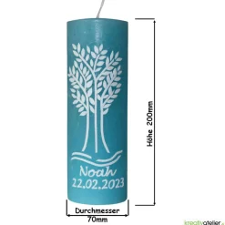 Rustic Taufkerze hellblau mit weißem Lebensbaum, Rustik-Taufkerze personalisiert, Taufe Jungen, Echtwachsverzierung