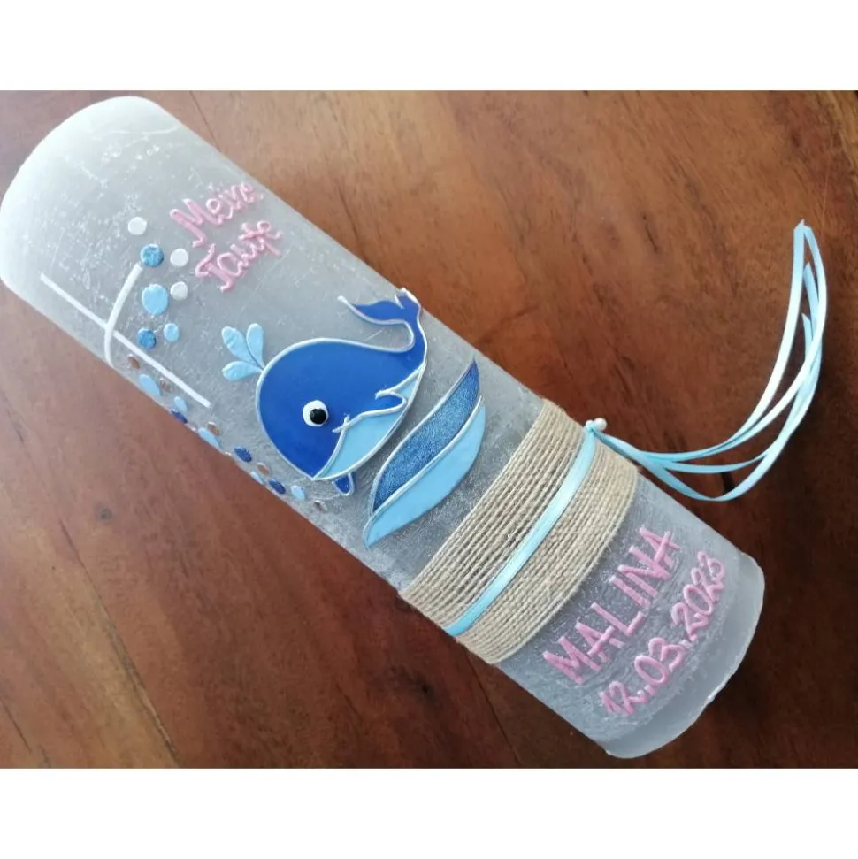 RUSTICA, VINTAGE-Look, SHABBY, Rustikal, Taufkerze, Wal, Fisch Mädchen, Junge, Kerze, keine Folie, Wachsbeschriftung, Fa